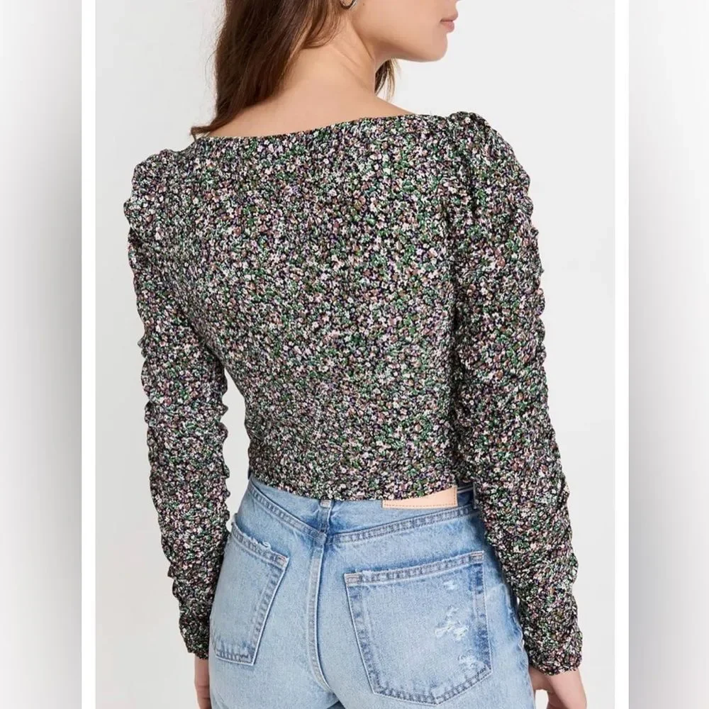 ASTR The Label Ditsy Floral Livie Top Blouse Black Green XS